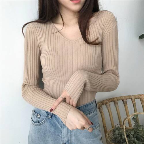 Korean Autumn V Neck Sweater Knitted Fashion Sweaters 2024 S