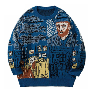 High Set Knitted Sweater Men Van Gogh Graffiti Print Sweater