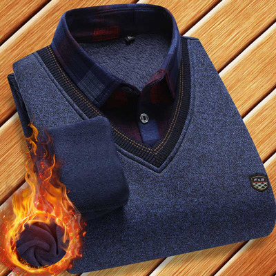 Young and Middle-aged Men's Shirt Collar Fake Two-piece Swea