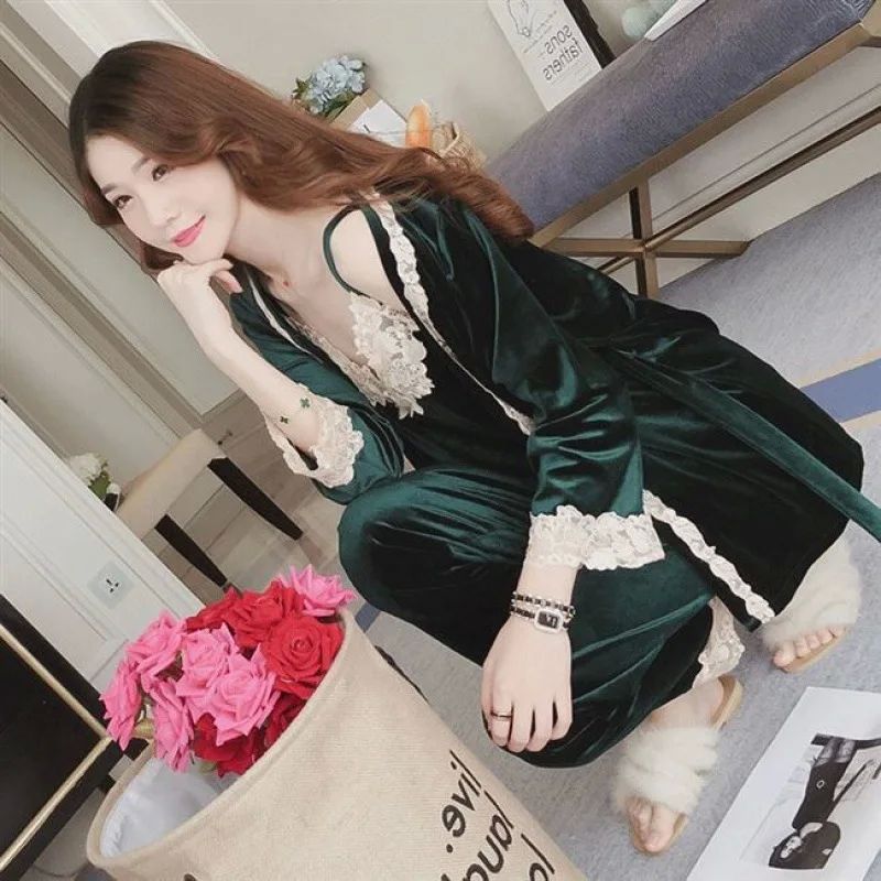 Pajamas Women's Autumn Winter Sexy Sling Gold Velvet Long-Sl