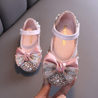 New Children Leather Shoes Rhinestone Bow Princess Girls Par