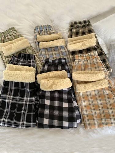 New Autumn Winter Warm Plush Pants Thick Plaid Women Casual