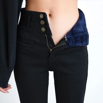 New High Waist Velvet Thick Jeans Female Winter Skinny Stch