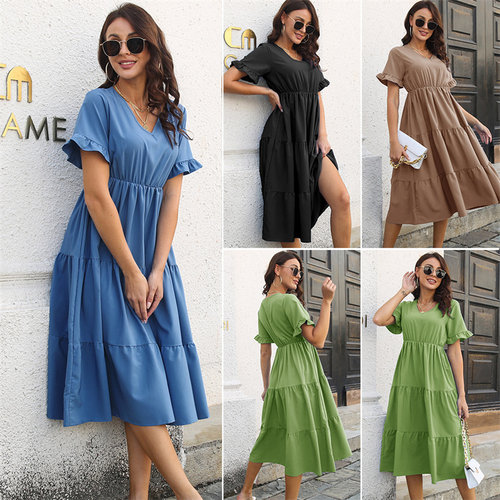Falbala dress short-sleeved V-neck swing skirt female chiffo