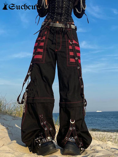SUCHCUTE Gothic Chain Bandage Wide Leg Pants Women Oversize