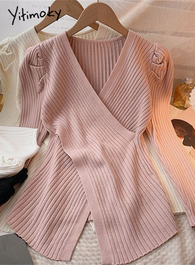 Yitimoky Knitted V Neck T Shirts for Women Fall Winter  New