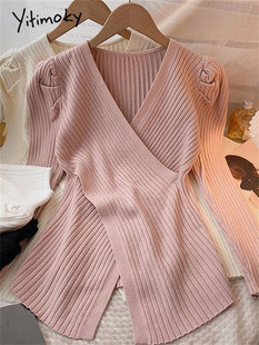 Yitimoky Knitted V Neck T Shirts for Women Fall Winter  New