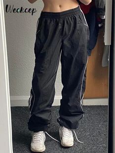 Weekeep Black Sweatpants Elastic Low Waist Straight Sports J