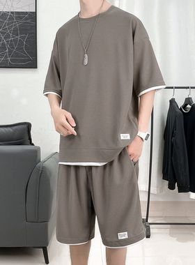 Waffle Pattern 2 Piece Men Shorts Set Summer Tracksuit Men F