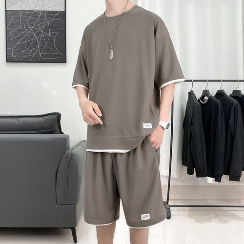 Waffle Pattern 2 Piece Men Shorts Set Summer Tracksuit Men F