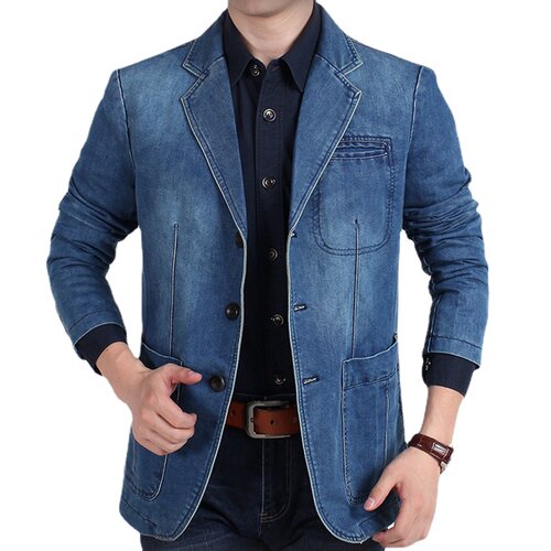 Blazers Jacket Men Casual Denim Slim Pocket Splicing Coat Me