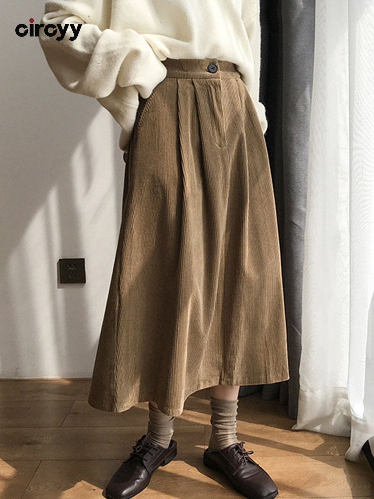 Long Skirts for Women Corduroy A-Line Skirts Solid Casual Mi图片