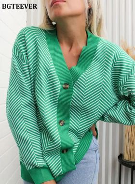 BGTEEVER Casual V-neck Striped Cardigans Sweaters Women Autu