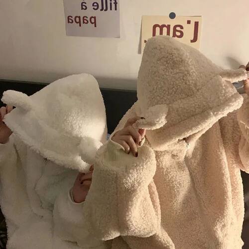 Autumn Winter Women Green Beige Zip-up Sweatshirt Kawaii Fle