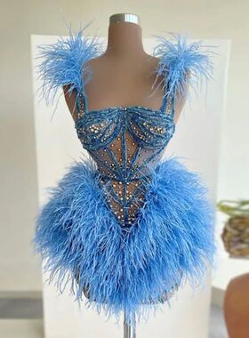 Blue Short Prom Dresses with Feathers Corset Beaded Straps