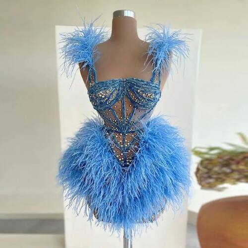 Blue Short Prom Dresses with Feathers Corset Beaded Straps