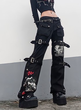 American Punk Style Black Jeans Woman Summer Setwear Graffit
