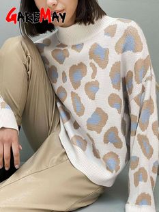Sweater 2023 Basic Women White Animal Print Winter Leopard