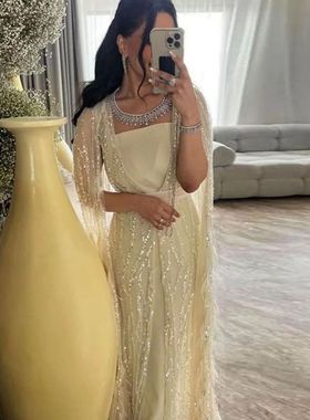 Sharon Said Luxury Dubai Feathers Light Yellow Evening Dress