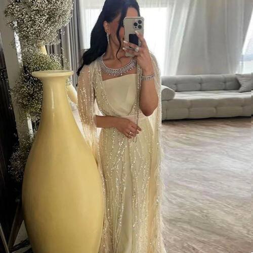 Sharon Said Luxury Dubai Feathers Light Yellow Evening Dress