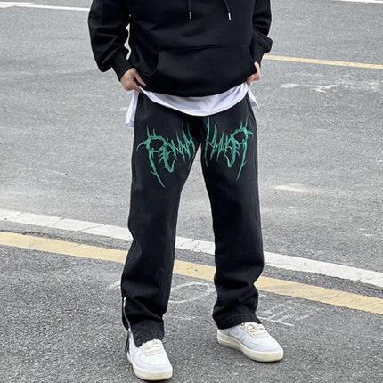 New High Set Wash Embroidery Hip Hop Black Jeans Men's Loos