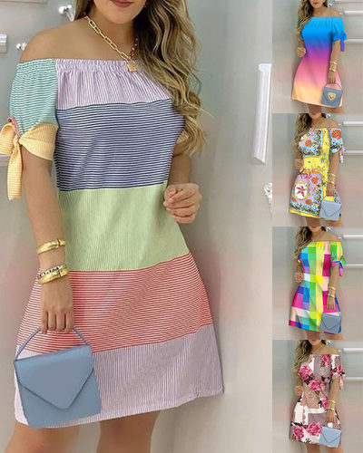Women Off Shoulder  Dress Summer Sexy Short Sleeve Bow Tie S