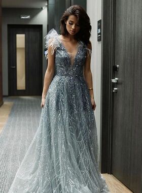 Sharon Said Luxury Dubai Feathers Evening Dresses Sexy V-Nec