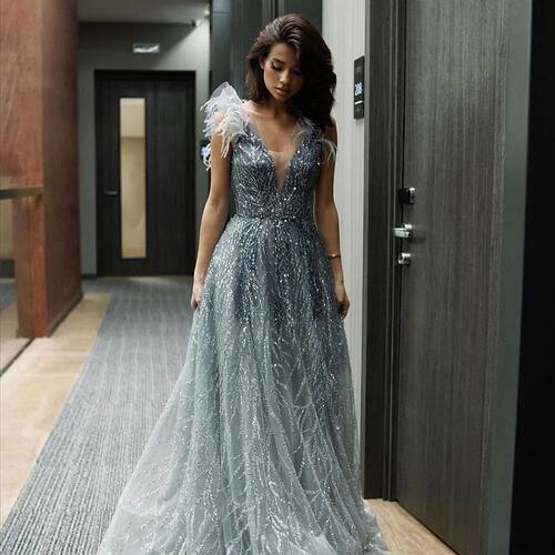 Sharon Said Luxury Dubai Feathers Evening Dresses Sexy V-Nec