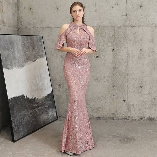YIDINGZS Pink Sequin Evening Dress Hollow Out Elegant Off Sh