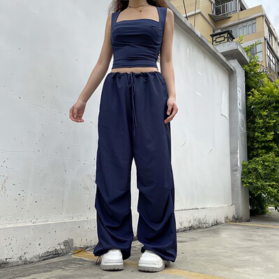 Black Cargo Pants Womens Drawstring Low Waist Casual Baggy J