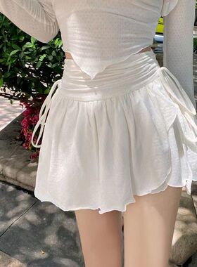HOUZHOU Sexy Cute White Mini Skirt Women Drawstring Folds Hi
