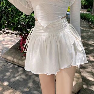 HOUZHOU Sexy Cute White Mini Skirt Women Drawstring Folds Hi