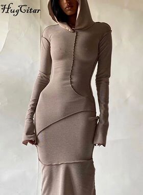 Hugcitar Long Sleeve Hooded Patchwork Skinny Maxi Dress 2023
