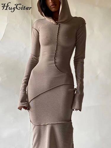 Hugcitar Long Sleeve Hooded Patchwork Skinny Maxi Dress 2023