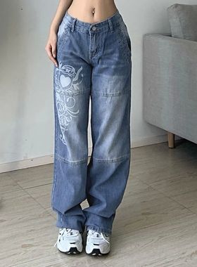 Harajuku printed Cargo Jeans Y2K Dark Blue brown High Waist