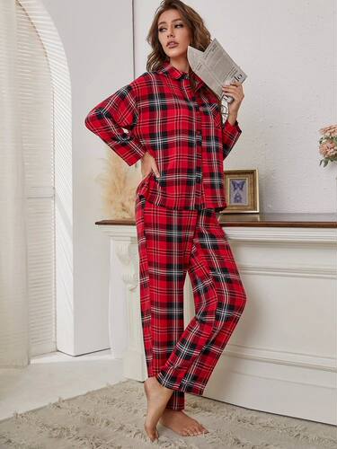 Red Plaid Women's Pajamas 2 Pieces Sleepwear Tops&Pants Autu