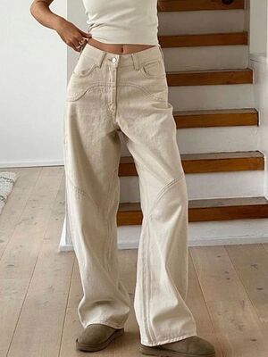 HOUZHOU Beige Jeans Baggy Women Casual Denim Trousers Vintag