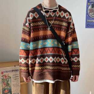 HOUZHOU Men's Knitted Vintage Graphic Sweater with Pattern B