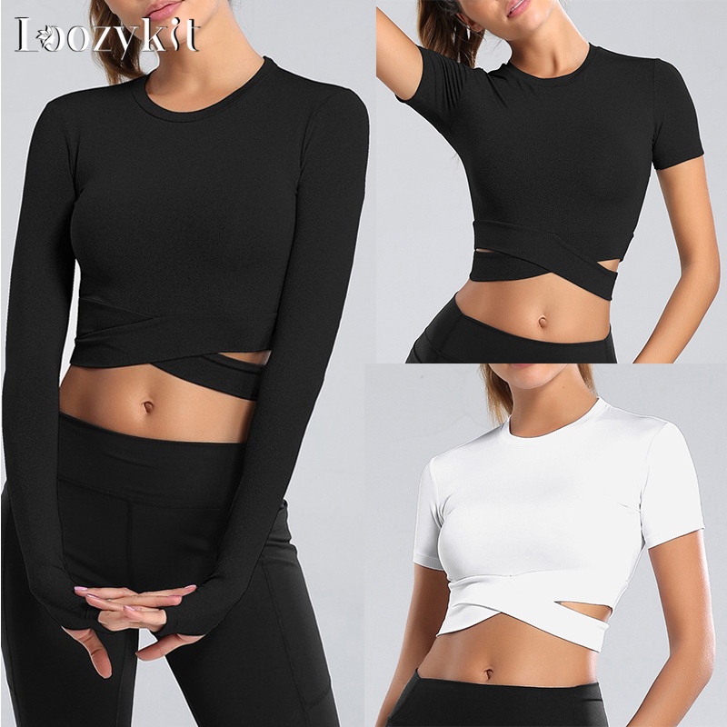 Crop Women Yoga T-shirts Solid Sports Top Long Sleeve R