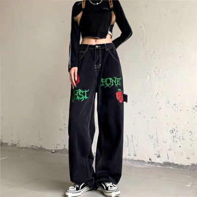 Gothic Style Black Jeans Women High Waist Letters Printed Ro