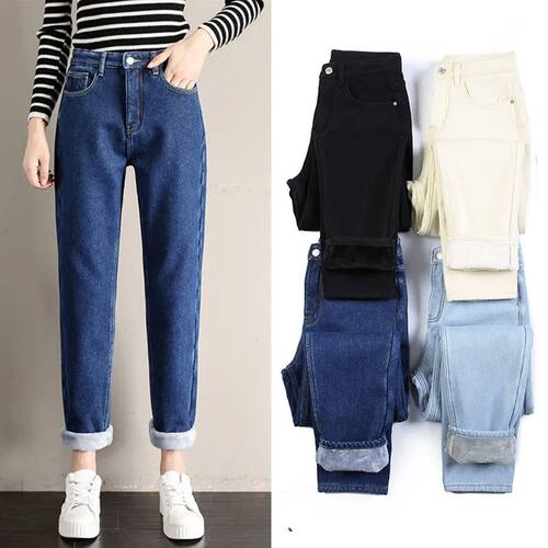 Fleece Jeans Women Baggy Harem Pants Winter New High Waist S