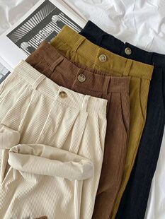 ZOKI High Waist Women Retro Corduroy Pants Fall Straight Cau