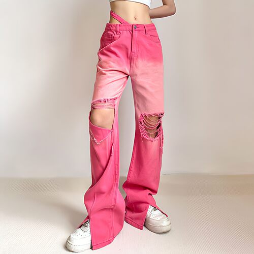 Pink Flared Jeans Womens High Waist Korean Fashion American