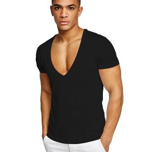 Summer Sexy Deep V-Neck Men's T Shirt Low Cut Vneck Wide Vee