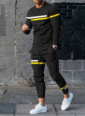 Mens T-shirts+trousers Suit Stripe Spring Winter Gradient Gr