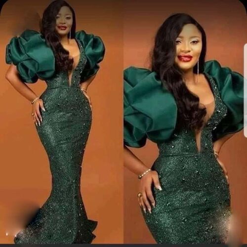 Hunter Green Prom Dresses With Puff Sleeves Bead Sequined Me