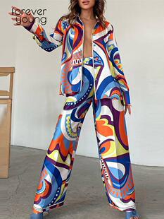 Fashion Satin Print Women's 2 Piece Sets Loose Long Sleeve S