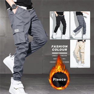 Men Warm Setwear New 2023 Pants Cargo Fleece Thick Winter