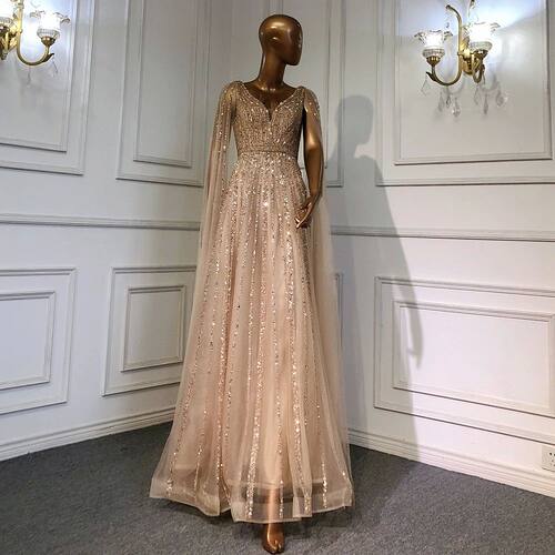 Serene Hill Nude  Luxury Cape Sleeves Evening Dresses Gowns