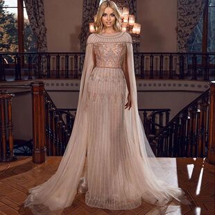 Sharon Said Luxury Gold Mermaid Dubai Evening Dress with Cap